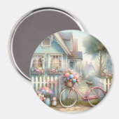 ピンクフラワーバイクアットブルーコテージゲート マグネット (正面/裏面)