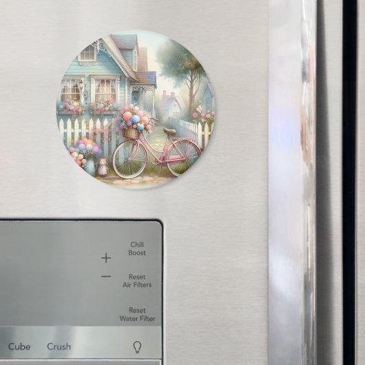 ピンクフラワーバイクアットブルーコテージゲート マグネット (インサイチュ (冷蔵庫))