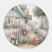 ピンクフラワーバイクアットブルーコテージゲート マグネット (正面)