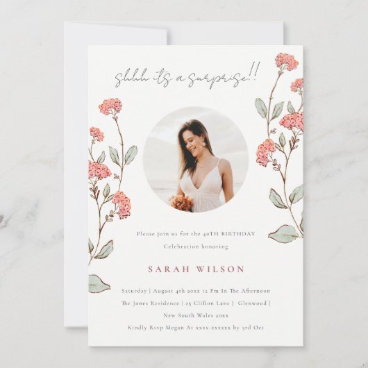 ピンクフラワーフォトサプライズ任意の年齢の誕生日招待状 サンキューカード (正面)