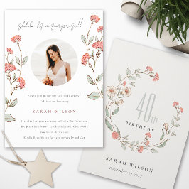 ピンクフラワーフォトサプライズ任意の年齢の誕生日招待状 サンキューカード