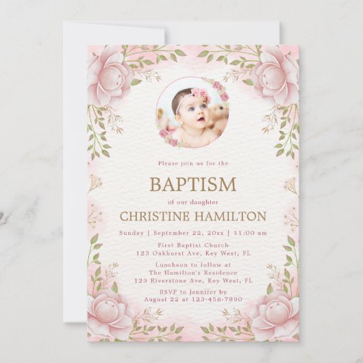 ピンクフラワーフォトバプテスマ招待状 招待状 (正面)