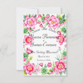 ピンクフラワーフラット日付カードを保存 セーブザデート