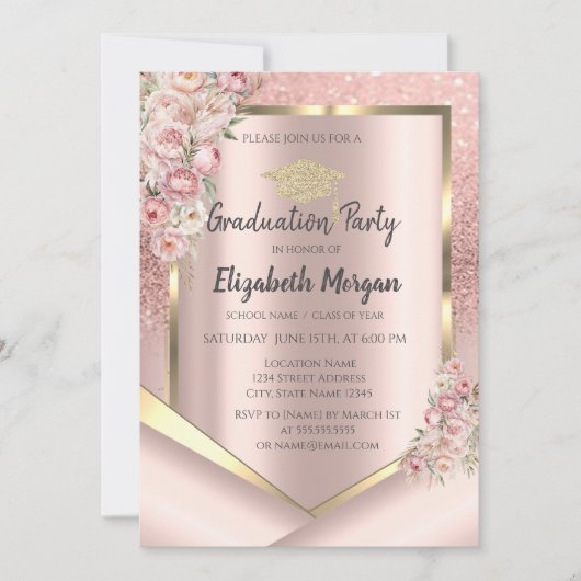ピンクフラワーフレームバラ金ゴールドグリッター卒業 招待状 (正面)