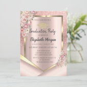 ピンクフラワーフレームバラ金ゴールドグリッター卒業 招待状 (スタンド正面)