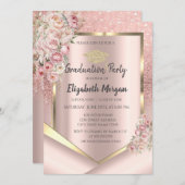 ピンクフラワーフレームバラ金ゴールドグリッター卒業 招待状 (正面/裏面)