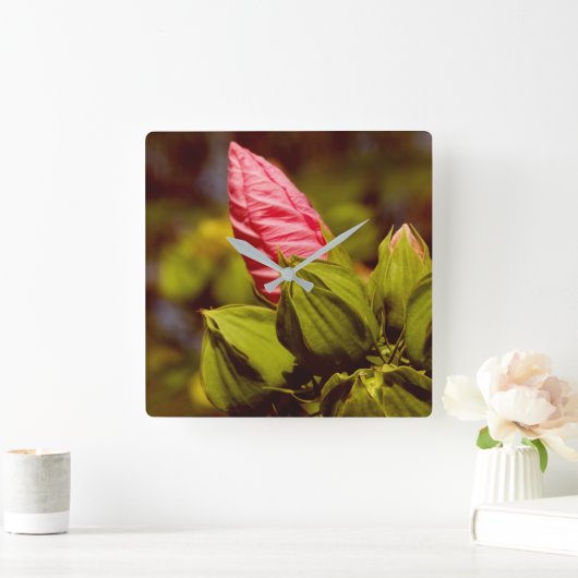 ピンクフラワーブドフローラガーデンフォトクロック スクエア壁時計 (ホーム)