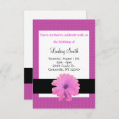 ピンクフラワーブラックリボン誕生日招待状 招待状 (正面/裏面)