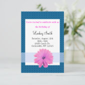 ピンクフラワーブルーリボン誕生日招待状 招待状 (スタンド正面)