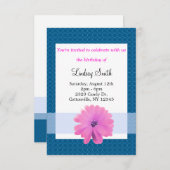 ピンクフラワーブルーリボン誕生日招待状 招待状 (正面/裏面)