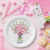 ピンクフラワーブーケとベビー足 ペーパープレート (パーティー)