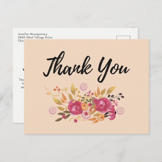 ピンクフラワーブーケオンピーチ感謝していパーティー ポストカード (正面/裏面)