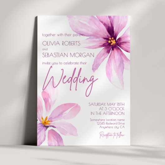 ピンクフラワーミニマリストのエレガントな結婚式 招待状