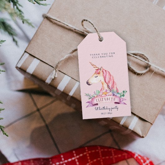 ピンクフラワーユニコーンガール誕生日プレゼント ギフトタグ