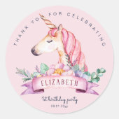 ピンクフラワーユニコーンガール誕生日プレゼント ラウンドシール (正面)