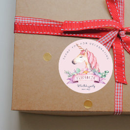 ピンクフラワーユニコーンガール誕生日プレゼント ラウンドシール