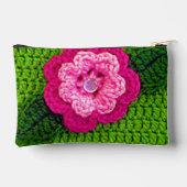ピンクフラワーローングリーンリーフアーティザンクロシェプリント アクセサリーポーチ (裏面)