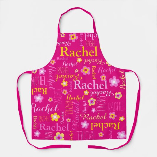 ピンクフラワー名前をカスタムするショートネームレイチェル エプロン (正面)