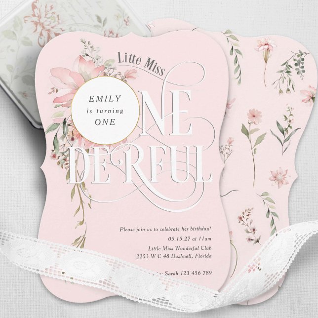 ピンクフラワー恋しく思オネダーランドガール1歳 (Pink, Girl 1st birthday, LIttle Miss Onederland, Watercolor Wildflower Themed invite.)