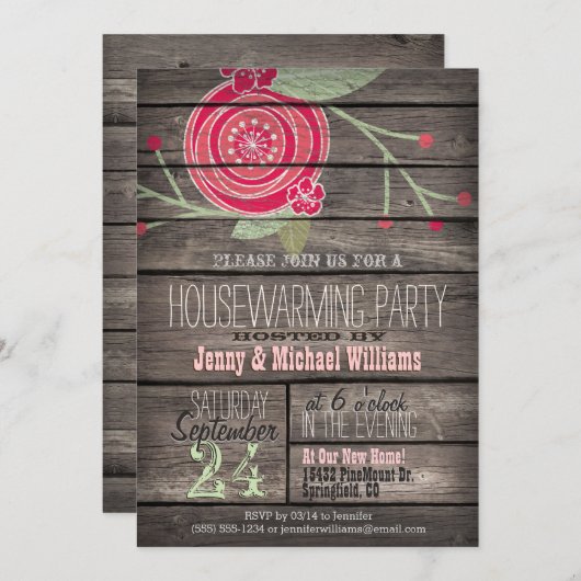 ピンクフラワー素朴カントリーウッド引っ越し祝いパーティーパーティー 招待状 (正面/裏面)