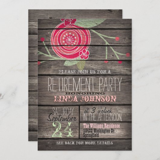 ピンクフラワー素朴クカントリーウッド退職パーティー 招待状 (正面/裏面)