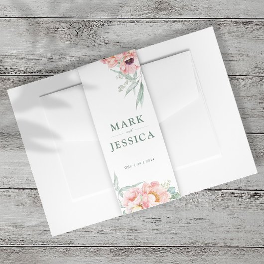 ピンクフラワー結婚式招待状ベリーバンドポートレート 招待状ベリーバンド