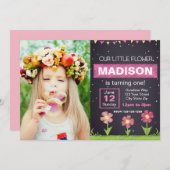 ピンクフラワー誕生日招待状と写真 招待状 (正面/裏面)