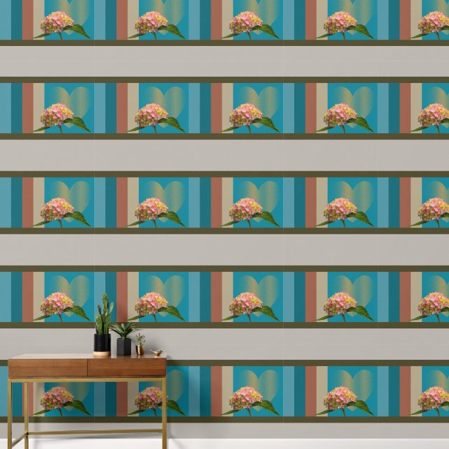 ピンクフラワー金ゴールドハートブルーグレーブラウンアーストライプのト 壁紙 (廊下)