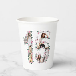 ピンクフラワー15誕生日ガールフォトコラージホワイト 紙コップ