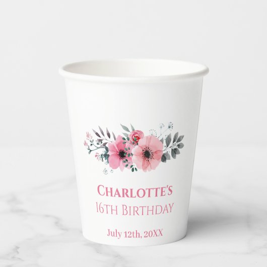 ピンクフラワー16誕生日ガールフォトコラージホワイト 紙コップ (裏面)
