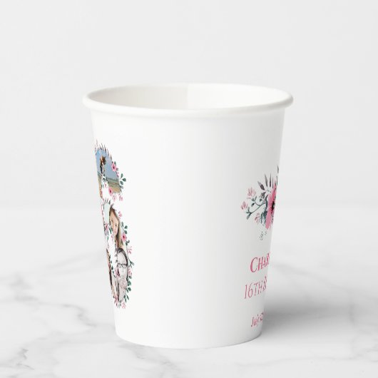 ピンクフラワー16誕生日ガールフォトコラージホワイト 紙コップ (左)