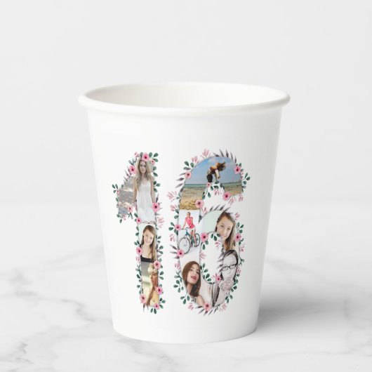 ピンクフラワー16誕生日ガールフォトコラージホワイト 紙コップ (正面)