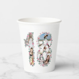 ピンクフラワー18誕生日ガールフォトコラージホワイト 紙コップ