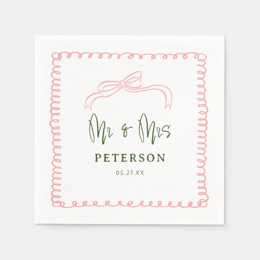 ピンクフランスのとグリーンのミスター・アンド・ミセス結婚・モノグラム スタンダードカクテルナプキン (正面)