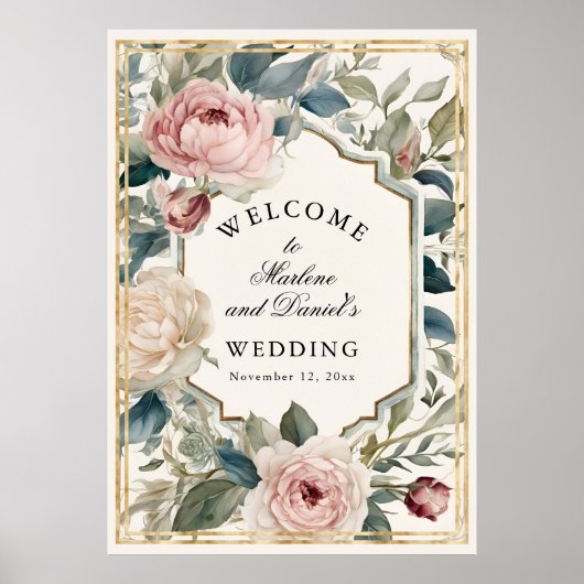 ピンクフランスのと金ゴールドフローラ牡丹エレガントな結婚式 ポスター (正面)