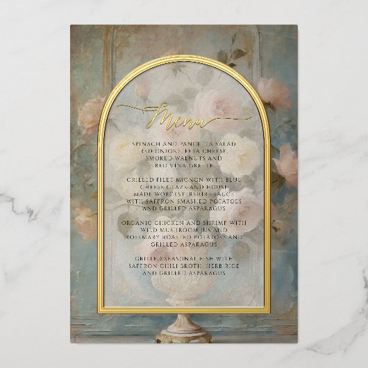 ピンクフランスののフローラエレガントヴィンテージバラメニュー 箔招待状 (正面)