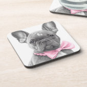 ピンクフランスのの弓で愛らしいブルドッグの子犬 コースター (左側)
