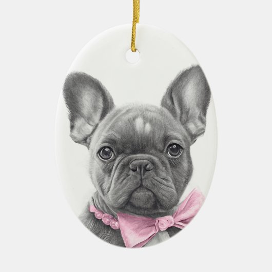 ピンクフランスのの弓で愛らしいブルドッグの子犬 セラミックオーナメント (正面)