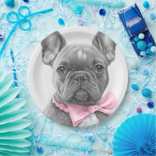 ピンクフランスのの弓で愛らしいブルドッグの子犬 ペーパープレート (パーティー)