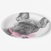 ピンクフランスのの弓で愛らしいブルドッグの子犬 ペーパープレート (アングル)