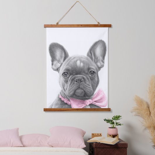 ピンクフランスのの弓で愛らしいブルドッグの子犬 吊り下げ型タペストリー (寝室)