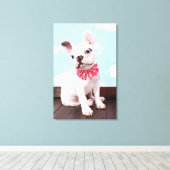 ピンクフランスのの弓を持つブルドッグの子犬 キャンバスプリント (インサイチュ (ウッドフロア))