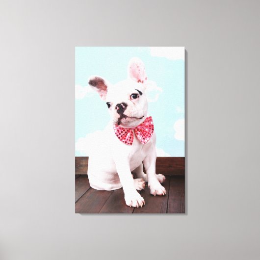 ピンクフランスのの弓を持つブルドッグの子犬 キャンバスプリント (正面)