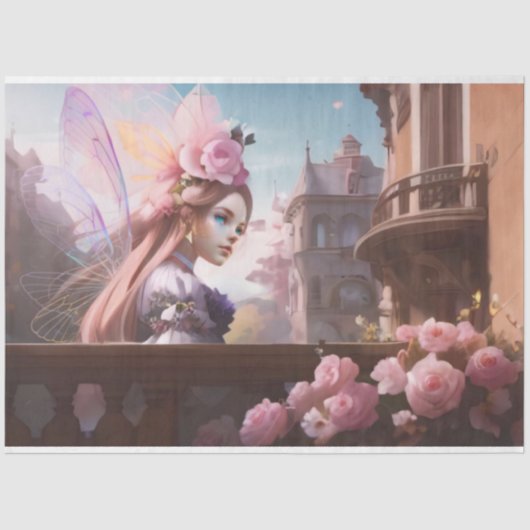 ピンクフランスのの水色の花妖精 薄葉紙 (正面)