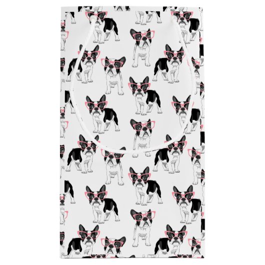 ピンクフランスのの眼鏡をかけたブルドッグ スモールペーパーバッグ (裏面)