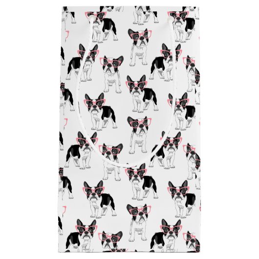 ピンクフランスのの眼鏡をかけたブルドッグ スモールペーパーバッグ (正面)