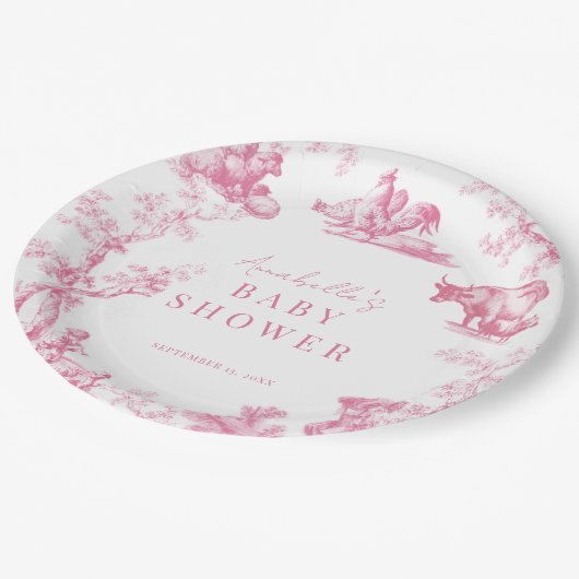ピンクフランスのカントリーファーム動物ガールベビーシャワー ペーパープレート (アングル)