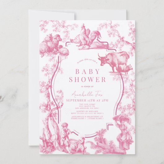 ピンクフランスのカントリーファーム動物ガールベビーシャワー 招待状 (正面)