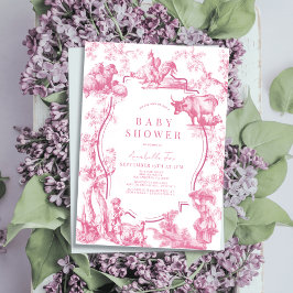 ピンクフランスのカントリーファーム動物ガールベビーシャワー 招待状