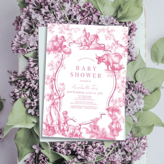 ピンクフランスのカントリーファーム動物ガールベビーシャワー 招待状